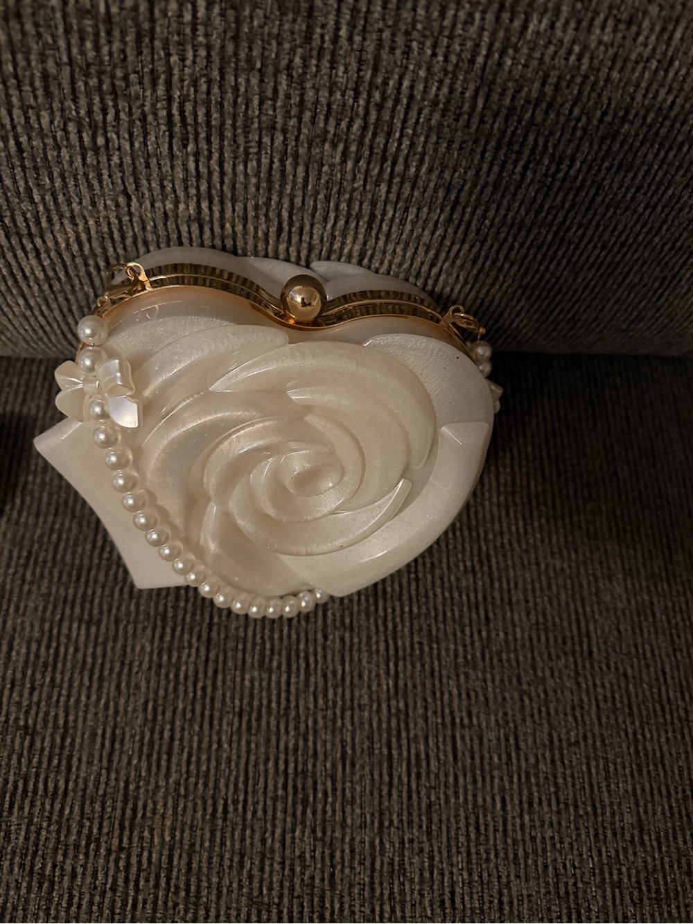 Artisan Ivory Rose-Embellished Heart Clutch with Pearl Strap